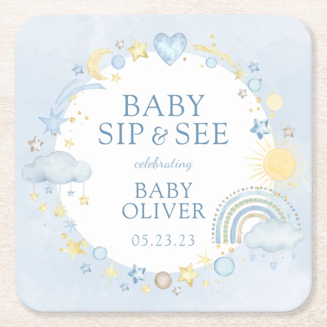 Boy Watercolor Rainbow Sip And See Square Paper Coaster (Front)