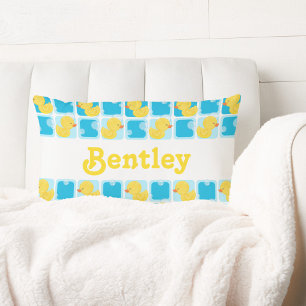 Boy Watercolor Rubber Duck Personalized Name Lumbar Pillow