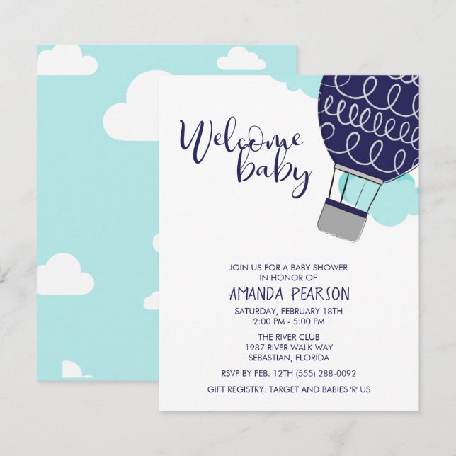 Boy Welcome Baby Hot Air Balloon Baby Shower Invitation (Front/Back)