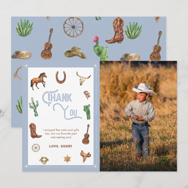 Boy Western First Birthday Rodeo Thank You Card (Front/Back)