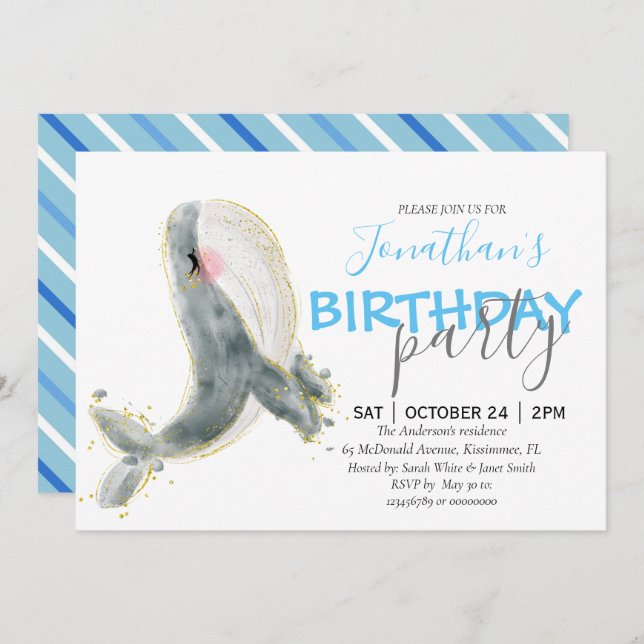 Boy Whale Birthday Invitation (Front/Back)