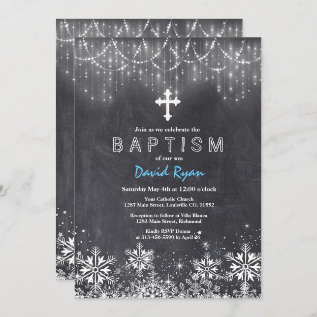 Boy Winter String Lights Snowflakes Chalk Baptism Invitation (Front/Back)