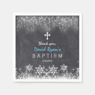 Boy Winter String Lights Snowflakes Chalk Baptism Napkin