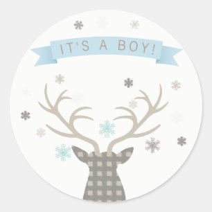 Boy Winter Wonderland Woodland Deer Baby Shower Classic Round Sticker