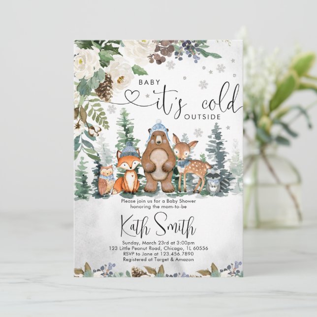 Boy Winter Woodland Baby Shower Invitation (Standing Front)