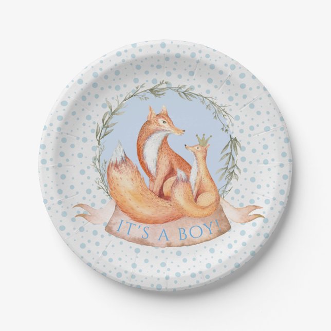Boy Winter Woodland Fox Baby Shower Paper Plates (Front)