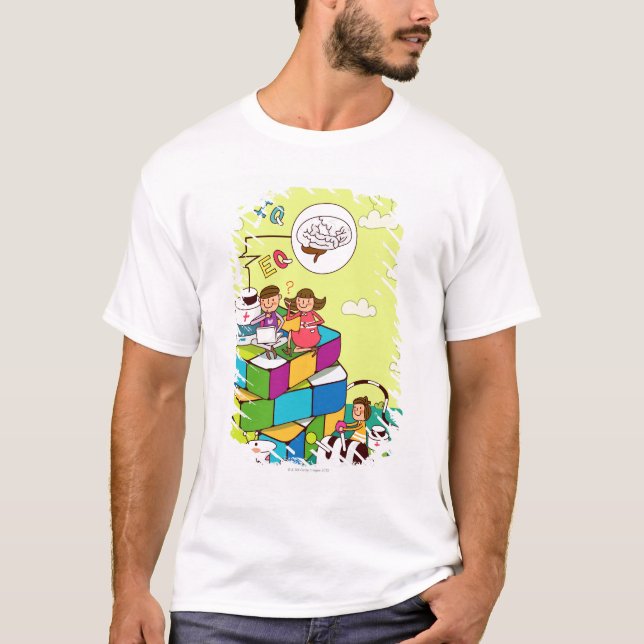 Boy with a girl sitting on a Rubik's cube puzzle T-Shirt (Front)