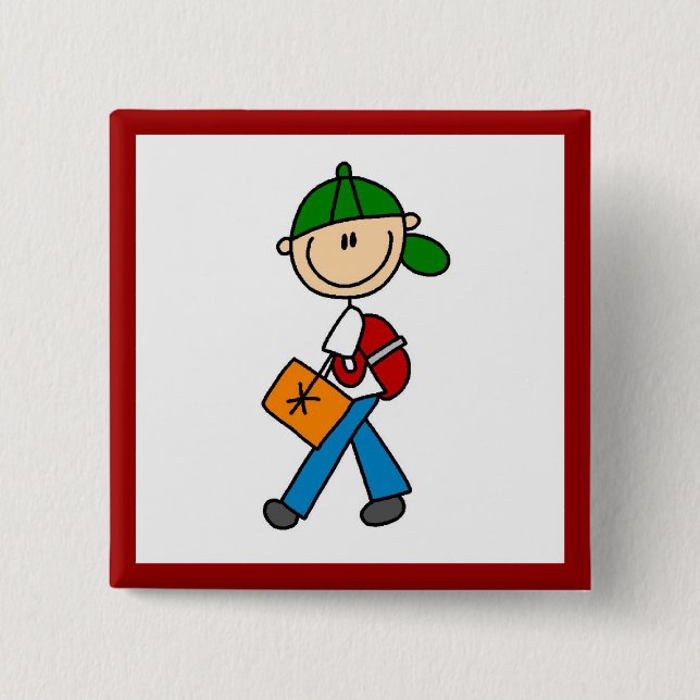 Boy With Backpack 2 Inch Square Button (Front)