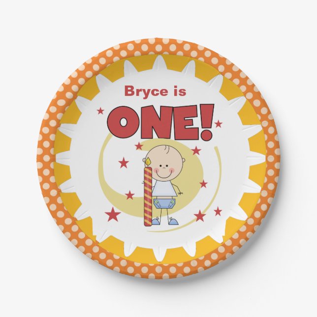 Boy With Candle 1st Birthday Paper Plates (Front)