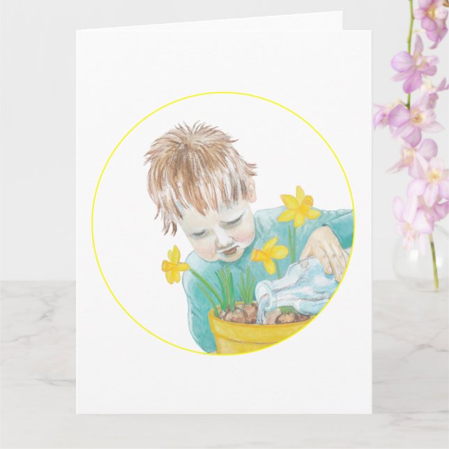 Boy With Daffodils   Card (Orchid)