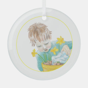 Boy With Daffodils   Glass Ornament