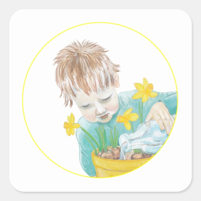 Boy With Daffodils  Square Sticker (Front)