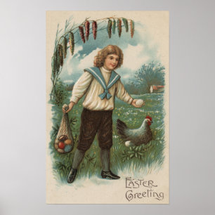 Boy with Easter Egg Basket Holding Egg Poster
