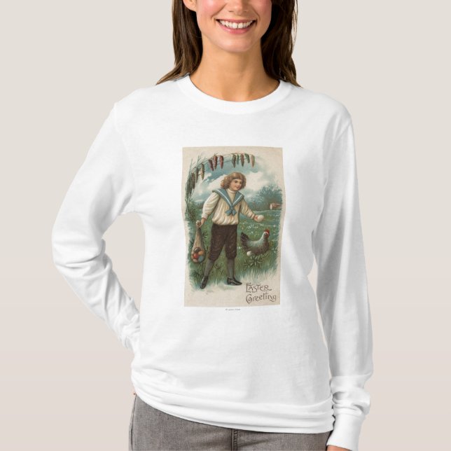 Boy with Easter Egg Basket Holding Egg T-Shirt (Front)