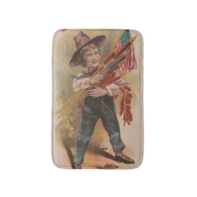 Boy with Fireworks, American Flag, Patriotic Print Bath Mat (Front Vertical)