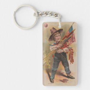 Boy with Fireworks, American Flag, Patriotic Print Keychain