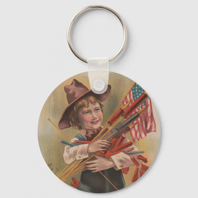 Boy with Fireworks, American Flag, Patriotic Print Keychain (Front)