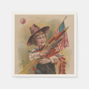 Boy with Fireworks, American Flag, Patriotic Print Napkin