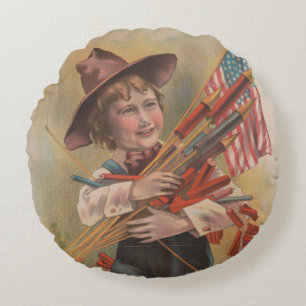 Boy with Fireworks, American Flag, Patriotic Print Round Pillow
