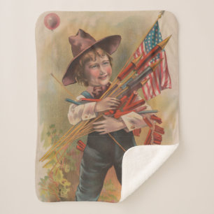 Boy with Fireworks, American Flag, Patriotic Print Sherpa Blanket