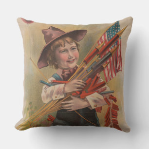Boy with Fireworks, American Flag, Patriotic Print Throw Pillow