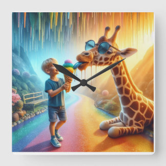 Boy with Giraffe  Square Wall Clock