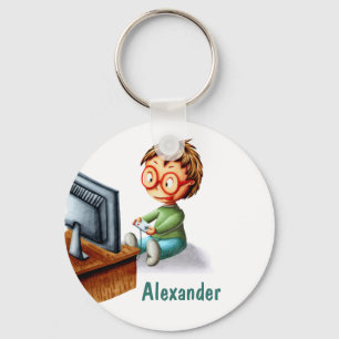 Boy with glasses playing video games personalized keychain