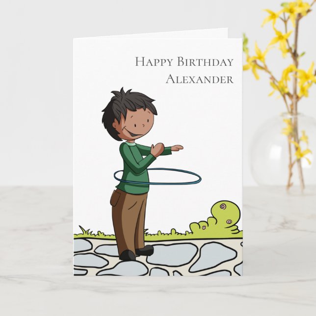 Boy with Hula Hoop Personalized Happy Birthday Card (Yellow Flower)