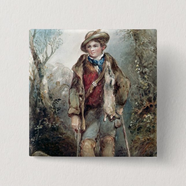 Boy with Rabbits 2 Inch Square Button (Front)