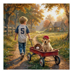 Boy with Red Wagon and Golden Retriever Puppy Poster