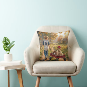 Boy with Red Wagon and Golden Retriever Puppy Throw Pillow