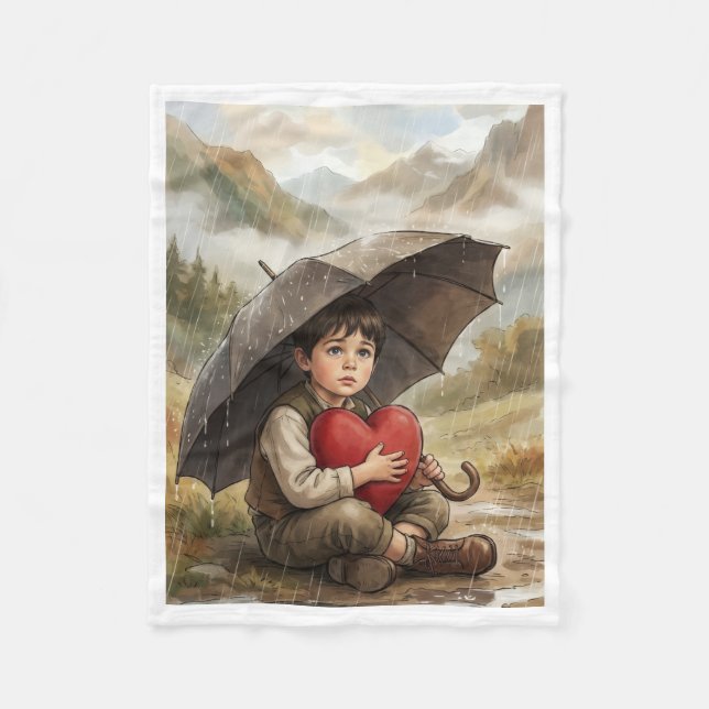Boy with Umbrella and Red Heart Cozy Fleece Blanke Blanket (Front)