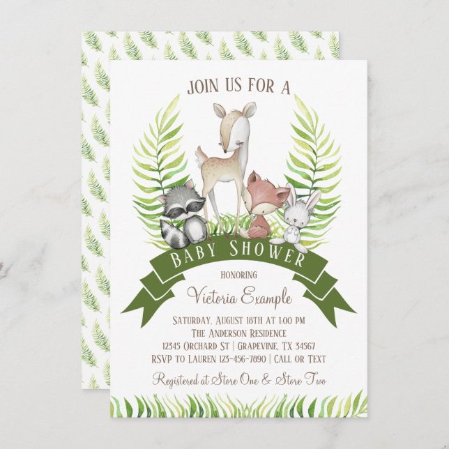 Boy Woodland Animal Greenery Baby Shower Invitation (Front/Back)