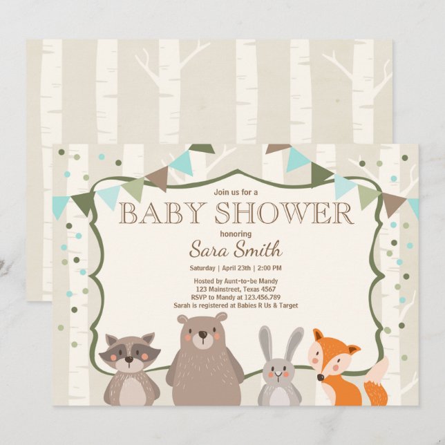 Boy Woodland Baby Shower invite Animals Forest (Front/Back)