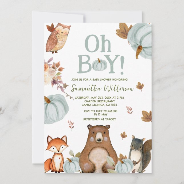 Boy Woodland Pumpkin Animals Baby Shower  Invitation (Front)