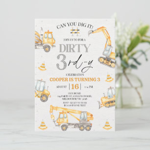 Boy Yellow Grey Construction Dirty 3rd-y Birthday Invitation
