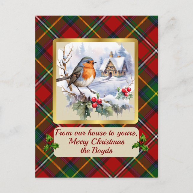 Boyd Crest & Tartan w/Robin Personalized   Holiday Postcard (Front)