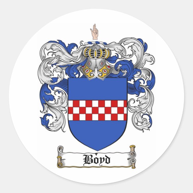 BOYD FAMILY CREST -  BOYD COAT OF ARMS CLASSIC ROUND STICKER (Front)