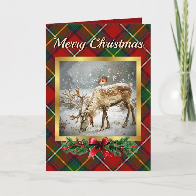 Boyd Stag & Robin Tartan Personalized  Holiday Card (Front)