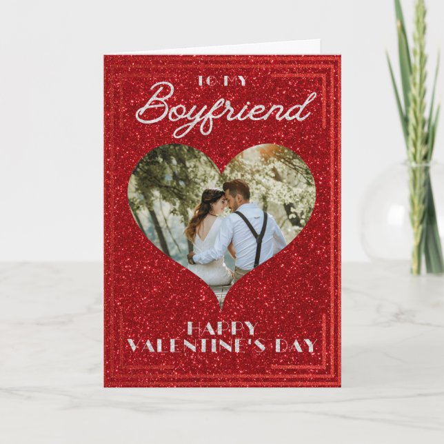 Boyfriend Custom Photo Glitter Valentine Card (Front)