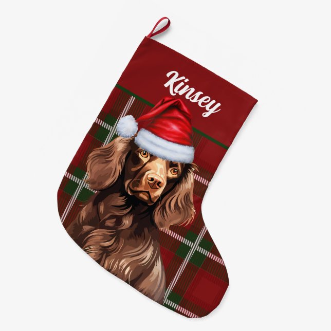 Boykin Spaniel Dog Red Plaid Personalized Large Christmas Stocking (Front (Hanging))