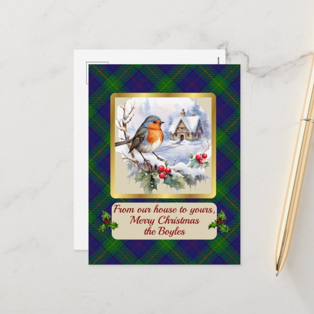 Boyle Crest & Tartan w/Robin Personalized   Holiday Postcard (Front/Back In Situ)