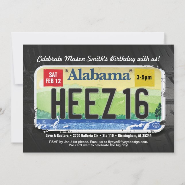 Boy's 16th Bday Alabama License Invitation (Front)