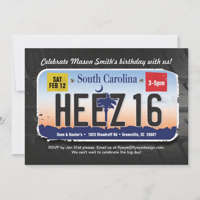 Boy's 16th Birthday South Carolina License Invite (Front)