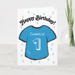 boy's 1st birthday blue football shirt card<br><div class="desc">Personalized boy's 1st birthday card with a blue football/ soccer shirt design.
A lovely card for a son or grandson who is turning one.  
If desired,  the card can be customized any age and your own message,  as well as the child's name can be included.</div>