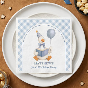 Boy's 1st Birthday Cute Goose Blue Gingham Script  Napkin