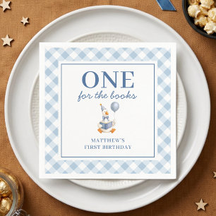 Boy's 1st Birthday Cute Goose Blue Gingham Script Napkin