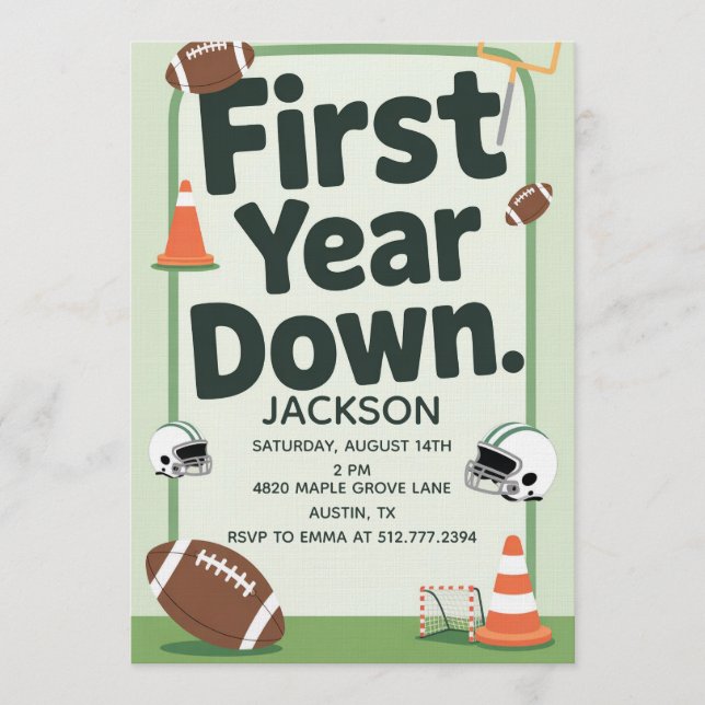 Boy's 1st Birthday First Year Down - Football Bday Invitation (Front)