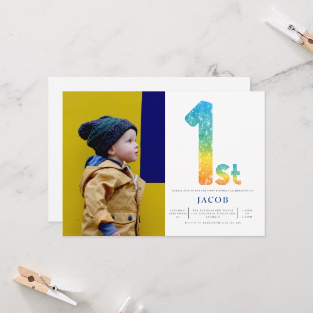 Boys 1st Birthday Orange Yellow Blue Photo Invitation (Front/Back In Situ)