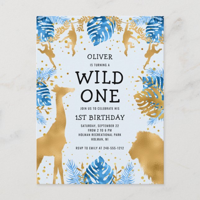 Boys 1st Birthday Party Blue Jungle Safari Invitation Postcard (Front)